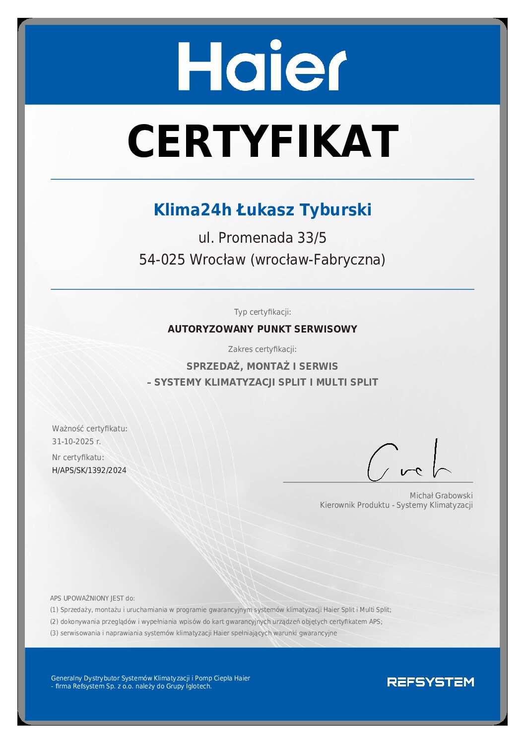 2024 AUTORYZOWANY PUNKT SERWISOWY SYSTEMY KLIMATYZACJI SPLIT i MULTI SPLIT HAIER 1392 pdf - Certyfikaty